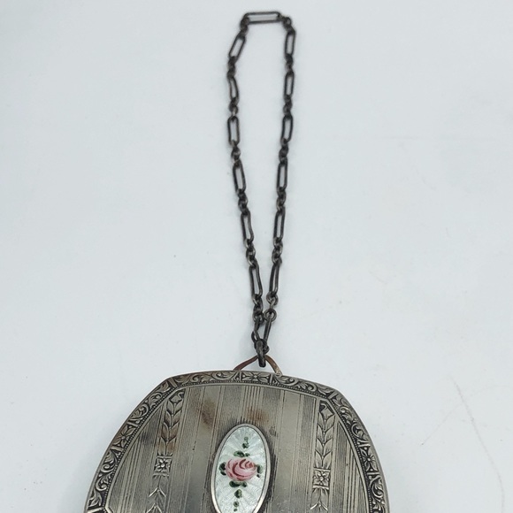 Antique Art Deco Enamel Silver Compact Wristlet - Picture 4 of 7
